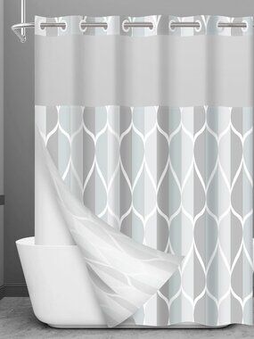 No Hook Shower Curtain with Snap-in Liner, Gray Geometric Waterdrop Design, Mach